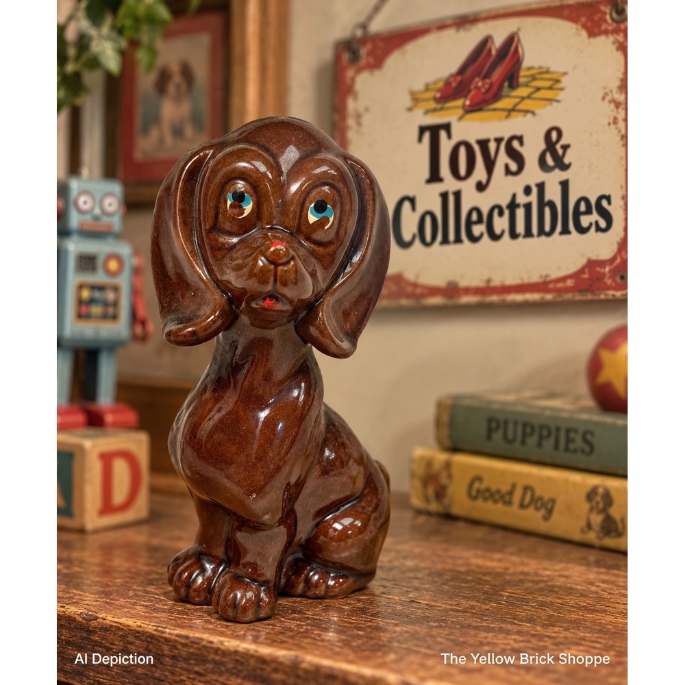 Vintage Japan Ceramic Dog Figurine Brown Puppy Big Eyes Kitsch Decor